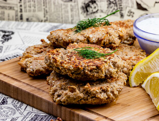 Fish cakes with lemon garlic aoli. Calgary, Alberta, Canada