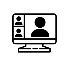 Video conference icon. Person on computer screen. Home office. Digital communication. Internet teaching media.