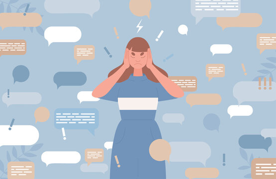 Sad young woman covers ears with hands to stop information noise vector flat illustration with speech bubbles. Fake news, advertising noise, disinformation, raising a panic concept.