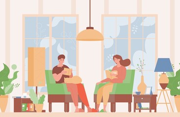 Happy couple in domestic clothes sitting in comfortable armchairs and reading books vector flat illustration. Modern living room interior design. Spending evening time together at home.