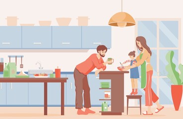 Family time vector flat illustration. Happy mother, father, and daughter cooking pancakes or pie for breakfast together at the kitchen. Everyday life. Modern kitchen interior design.