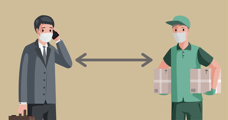 Obraz premium Businessman and delivery man wearing medical masks and maintain social distancing to prevent coronavirus spreading vector flat illustration. Quarantine and keep the distance banner concept.