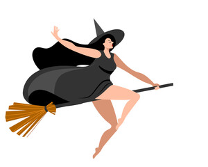 A slender girl is flying on a broomstick in a witch costume. Vector illustration in a flat style on the theme of Halloween.