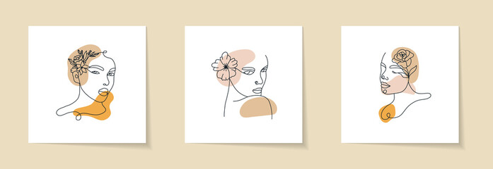 Abstract set with Woman face, silhouette, floral