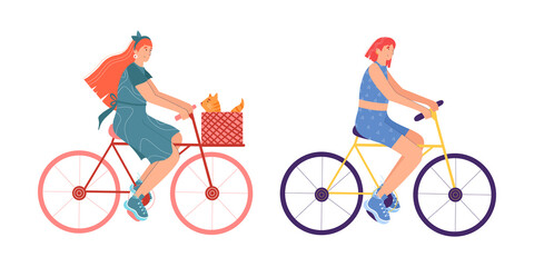 Fototapeta premium A set of young women riding bikes. Cartoon style. Vector illustration isolated on white background.