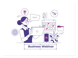 Webinar and employees training. Distance education, video tutorial.Flat line vector editable graphic website illustration