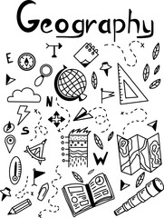 Set of doodles with geographical elements, a globe, a map, a telescope. School geography lesson. Vector illustration with icons