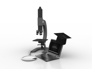 3d rendering Microscope with lens near graduate cap in laptop