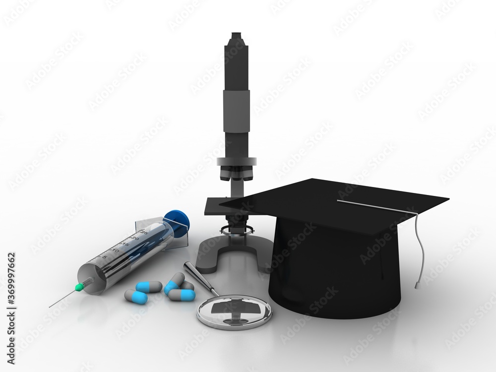 Poster 3d rendering virus testing microscope with pill near syringe