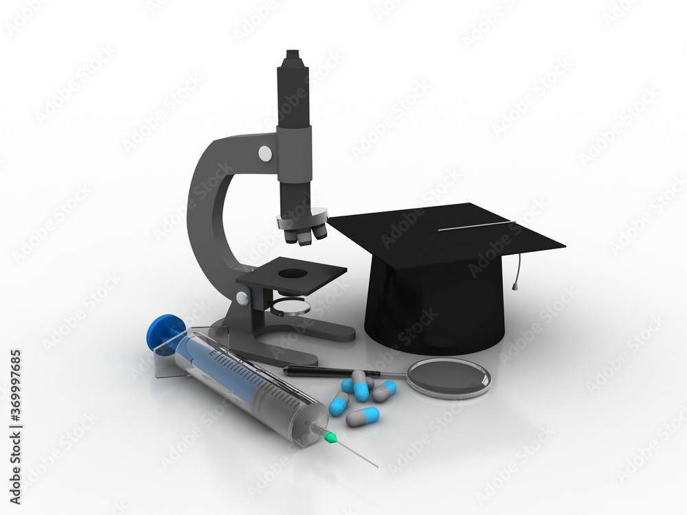 Poster 3d rendering virus testing microscope with pill near syringe