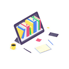 Isometric online education study and technology training computer learn and book library flat design vector illustration