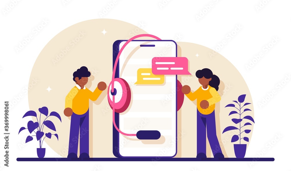 Poster technical support workers stand near a large phone with a headset. faq frequently asked questions. c