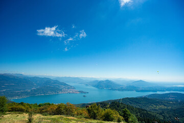panoramic view of Lake Maggiore in Italy seen from the top of Mottarone