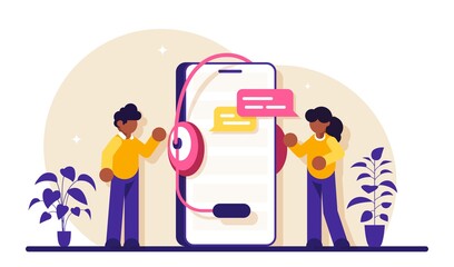 Technical support workers stand near a large phone with a headset. FAQ Frequently Asked Questions. Communicating with employees. Modern flat illustration.