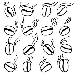 Set of coffee beans icon Isolated silhouette, hand-drawing. Aromatic sketch of coffee beans with smoke. Roasted coffee. Vector illustration