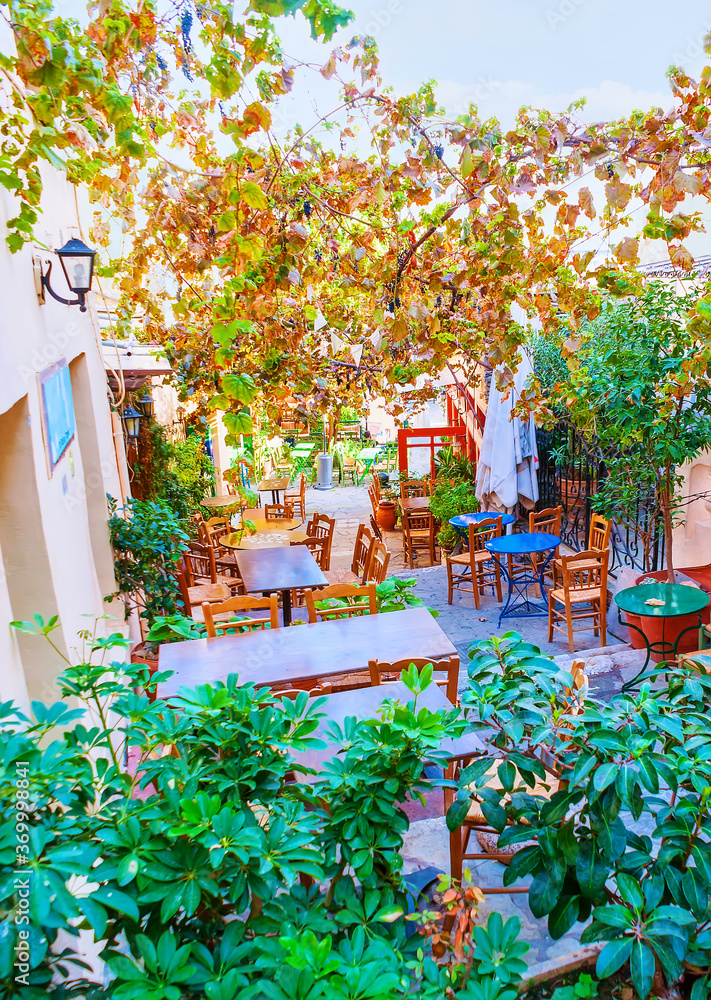 Poster The outdoot cafe in a shady street in Athens, Greece