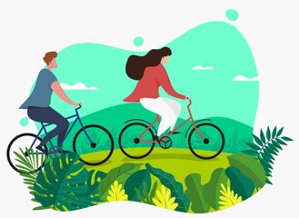 Naklejka na ściany i meble Couple Riding Bicycles In Public Park, Illustration, Flat Design, 