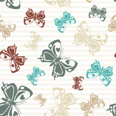 Flying butterfly silhouettes over striped background vector seamless pattern.