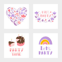 Party greeting cards with rainbow, cake and flowers. Greeting card set for birthday decoration. Illustration in cartoon style