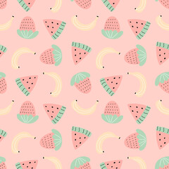 Colorful vector pattern of strawberry, banana and watermelon on pink background. Doodle illustration of sweet fruits. For different bright decorative designs.