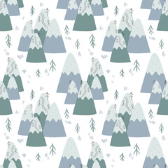 seamless pattern with christmas trees and scandinavian mountain