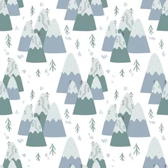Fototapete Berge nahtloses muster mit weihnachtsbäumen und skandinavischen bergen