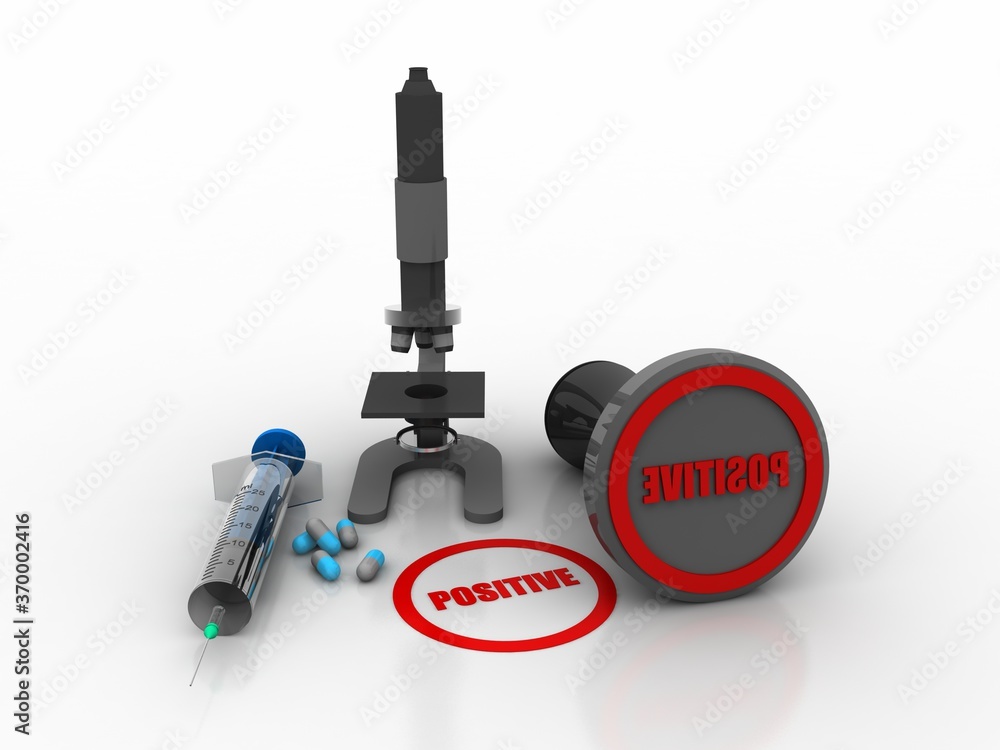 Poster 3d rendering virus testing microscope with syringe with pill