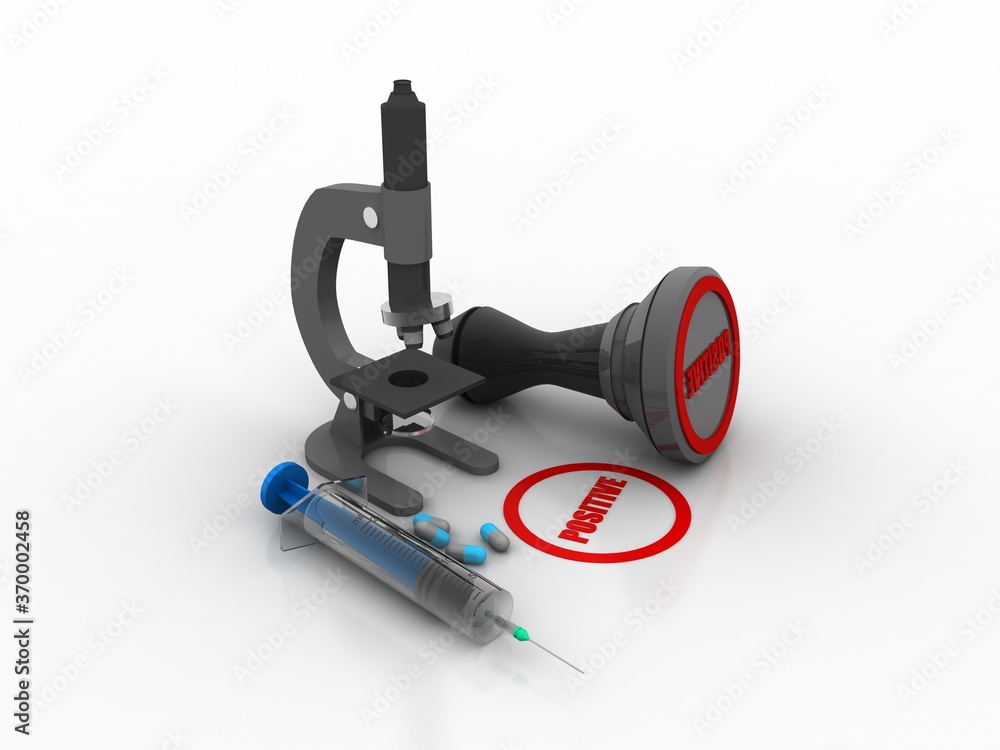 Poster 3d rendering virus testing microscope with syringe with pill