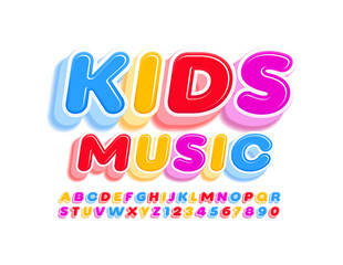 Vector bright emblem Kids Music. Colorful 3D Font. Playful bright Alphabet Letters and Numbers