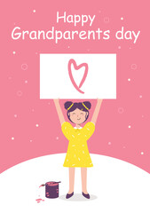 Happy Grandparents day. Granddaughter congratulates grandmother and grandfather. Child holding poster with painted heart. Cute cartoon greeting card