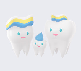 Cute happy smiling family of teeth with toothpaste hairstyle. Clear tooth concept. Brushing teeth. Dental kids care. 3d render