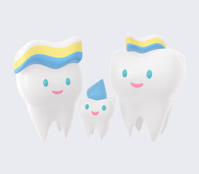 Cute happy smiling family of teeth with toothpaste hairstyle. Clear tooth concept. Brushing teeth. Dental kids care. 3d render