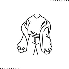 fashionable outfit: wide sleeve jacket, jeans, t-shirt vector icon in outlines