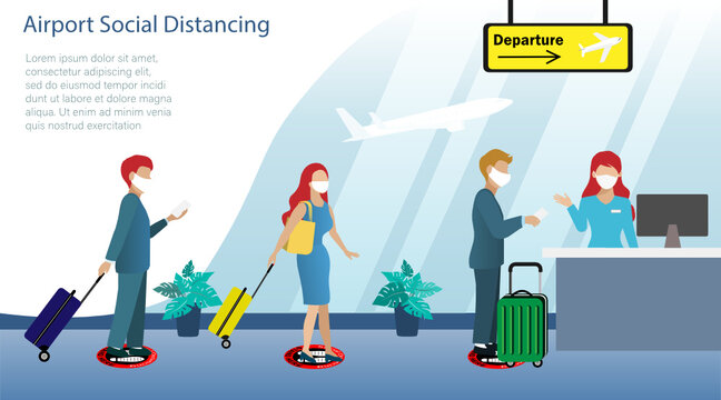 Passengers wearing face mask, standing at safety point, carrying luggages to check in at counter in airport. Idea for new normal lifestyle in airport during COVID-19 pandermic. Vector Illustration.