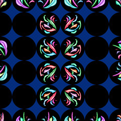 Ethnic geometric pattern shows the atmosphere of a fairytale night with magic flowers.