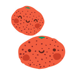 Cute flat single fruit. Cartoon smiley mandarins, clementine. Healthy food. Vector hand drawn illustration on white background