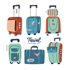 Collection of suitcase, travel abroad, summer vacation trip, hiking and backpacking decorative design elements isolated on white background. Flat cartoon colorful vector illustration.