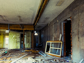 Destroyed room is flooded with construction debris