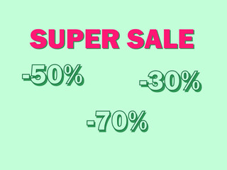 Super sale banner. Sell to 70% off. Blue background, pink lettering. Big sale banner. Retro illustration.. 80s, 90s, 70s style design. Stock vector banner. 