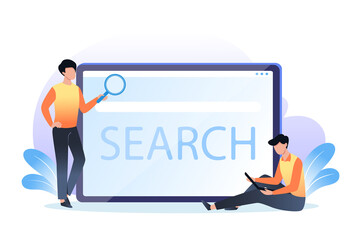 Web search page, flat design illustration for banner, presentation, advertising. Young persons and big computer screen. Research marketing concept.