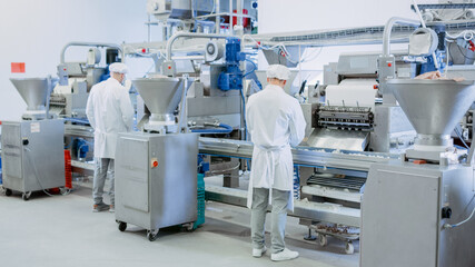 Two Young Male Food Conveyor Belt Employees Work at a Dumpling Factory. They Stand with Their Backs to Camera and Produce Manual Labour on the Line. They Wear White Sanitary Hats and Work Robes.