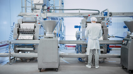 Young Male Food Conveyor Belt Employee Works at a Dumpling Factory. He Stands with His Back to...