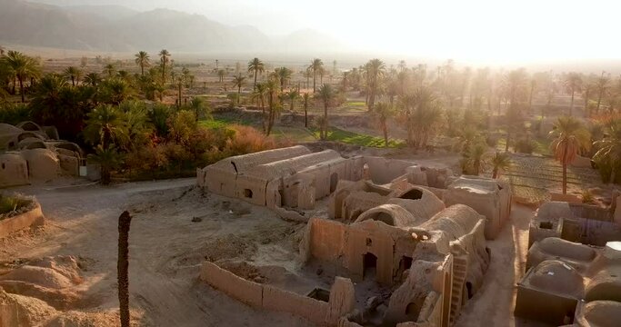 Ruin traditional Mud house buildings by the pomegranate garden, saffron fields and date palm trees farm land in a desert village in Iran at morning Sunrise time