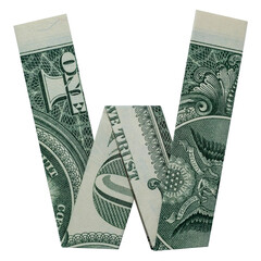 Money Origami LETTER W Character Folded with Real One Dollar Bill Isolated on White Background