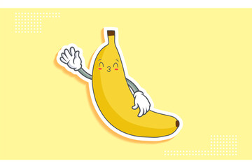 KISS, FLIRTY, SMILING EYE Face Emotion. Waving Hand Gesture. Banana Fruit Cartoon Drawing Mascot Illustration.