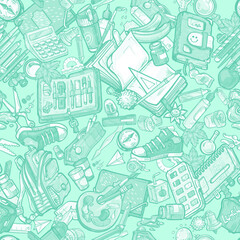 Back to school seamless pattern with a backpack and education equipment cloud. Colorful, detailed, with many objects, it contains stationery, kids uniform, shoes, snacks and sets for creativity.