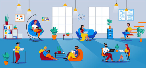 location with People working in open space workplace. Coworking, freelance, teamwork, interaction, idea, independent activity concept. Vector illustration on blue