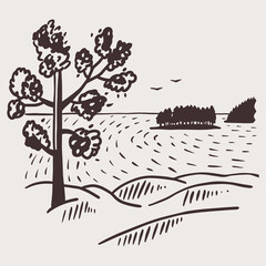 Obraz premium North sea landscape with an island and a tree vector illustration in sketch style. 