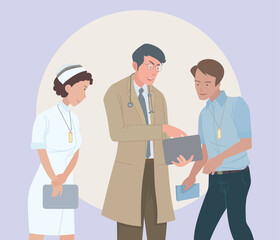 Fototapeta premium Medical staff consult the information that is invented and researched on the treatment of patients. hand drawn style vector design illustrations.