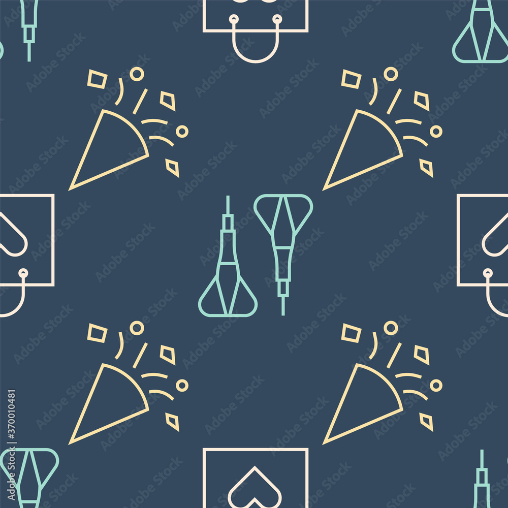 Aufkleber set line shopping bag with heart, festive confetti and dart arrow on seamless pattern. vector.